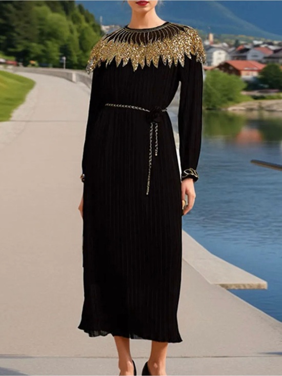 Dresses & Skirts - Elegant Black Maxi Dress with Gold Embellished Yoke
